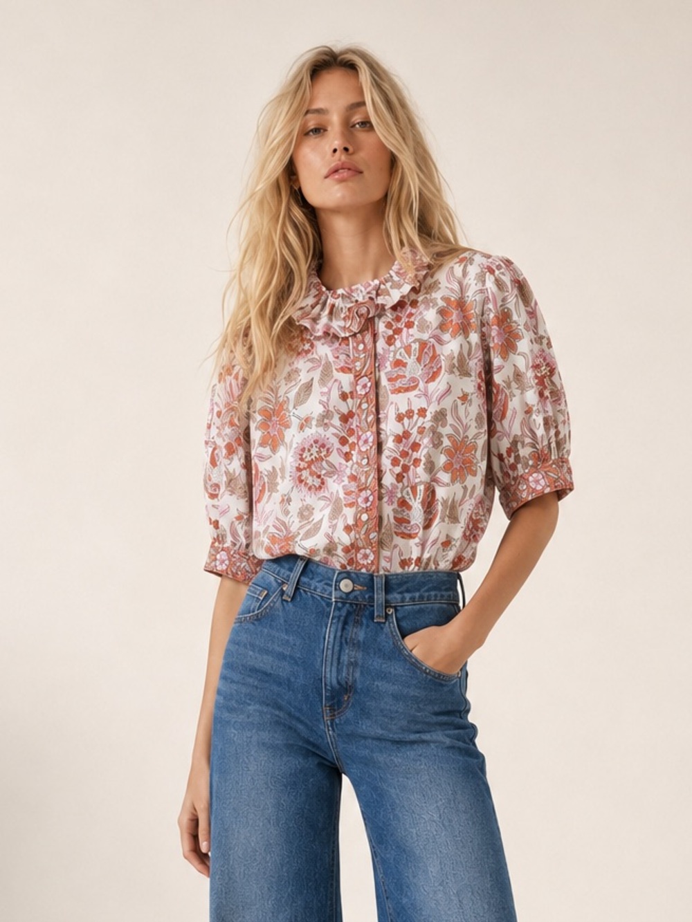 Saule Parc Ruffle Neck Floral Blouse
